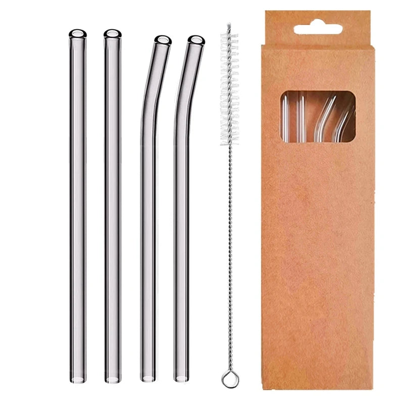 4 Pcs Reusable Glass Straws 8Mm Straight Bent Glass Drinking Straws Eco Friendly Cocktail Straws for Beverages Milk Coffee