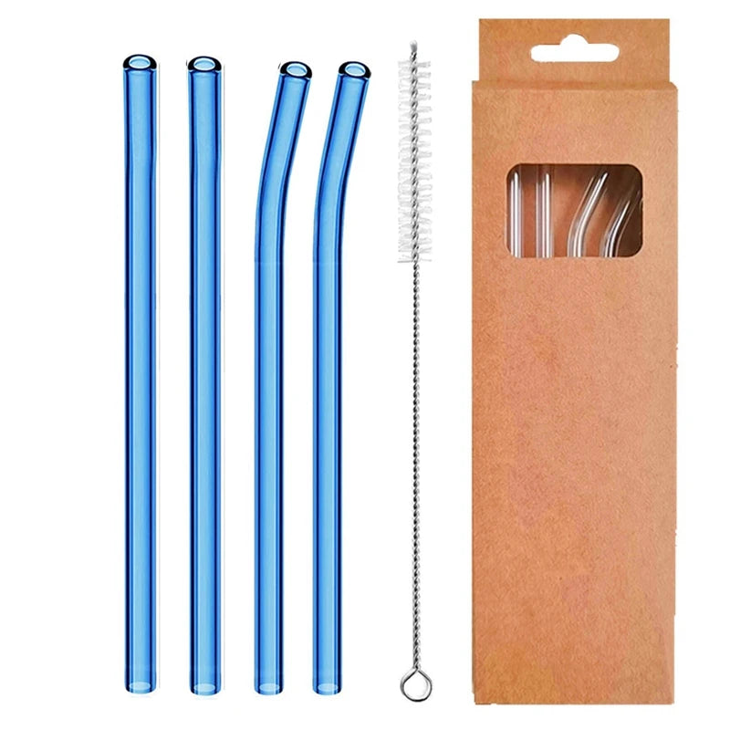4 Pcs Reusable Glass Straws 8Mm Straight Bent Glass Drinking Straws Eco Friendly Cocktail Straws for Beverages Milk Coffee