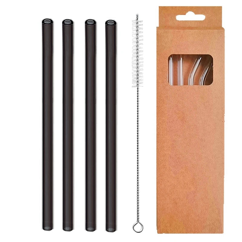 4 Pcs Reusable Glass Straws 8Mm Straight Bent Glass Drinking Straws Eco Friendly Cocktail Straws for Beverages Milk Coffee