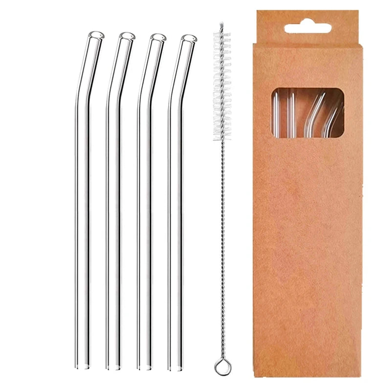4 Pcs Reusable Glass Straws 8Mm Straight Bent Glass Drinking Straws Eco Friendly Cocktail Straws for Beverages Milk Coffee