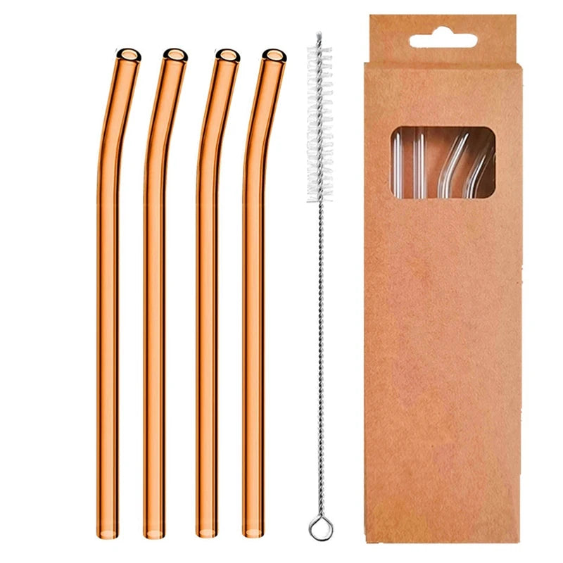 4 Pcs Reusable Glass Straws 8Mm Straight Bent Glass Drinking Straws Eco Friendly Cocktail Straws for Beverages Milk Coffee