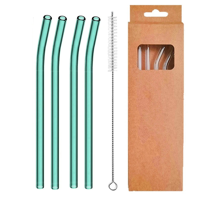 4 Pcs Reusable Glass Straws 8Mm Straight Bent Glass Drinking Straws Eco Friendly Cocktail Straws for Beverages Milk Coffee
