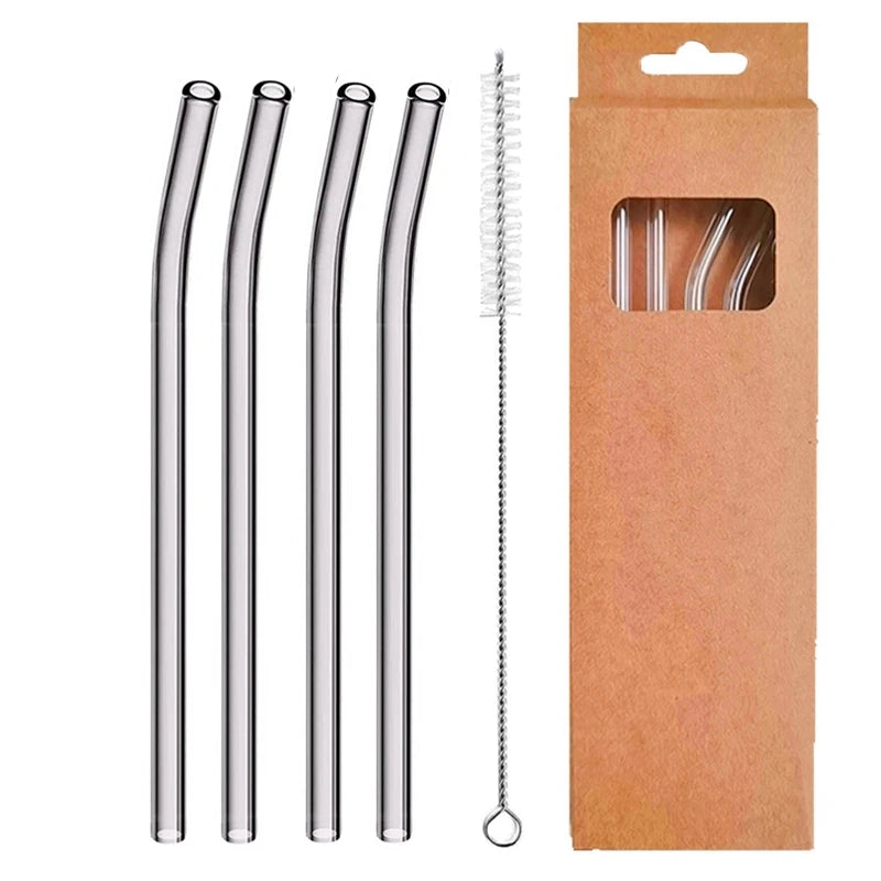 4 Pcs Reusable Glass Straws 8Mm Straight Bent Glass Drinking Straws Eco Friendly Cocktail Straws for Beverages Milk Coffee