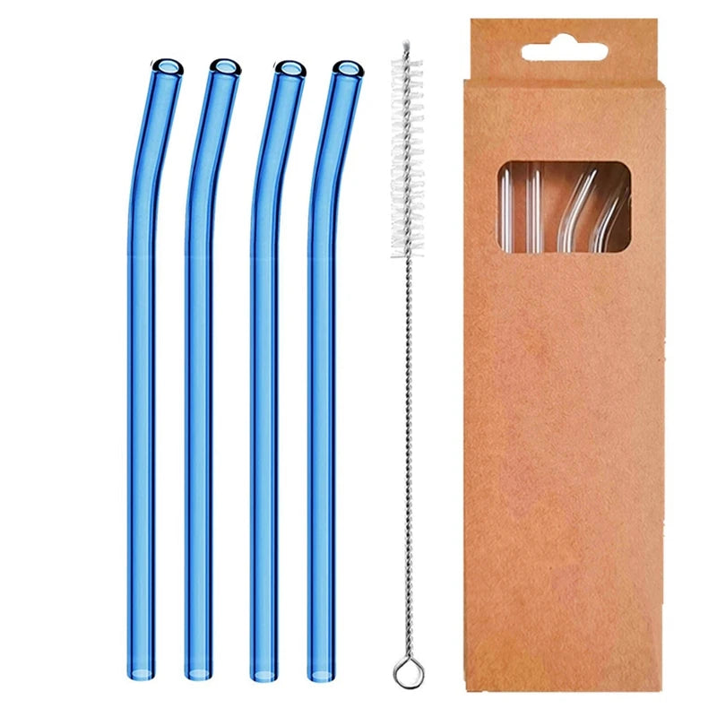 4 Pcs Reusable Glass Straws 8Mm Straight Bent Glass Drinking Straws Eco Friendly Cocktail Straws for Beverages Milk Coffee