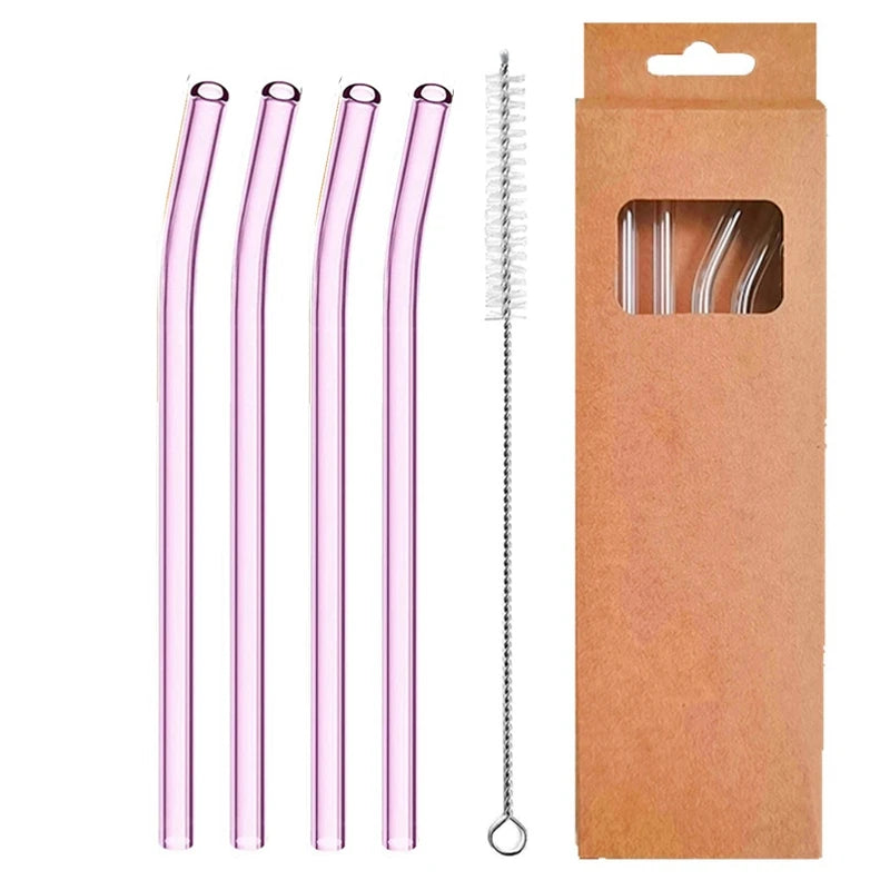 4 Pcs Reusable Glass Straws 8Mm Straight Bent Glass Drinking Straws Eco Friendly Cocktail Straws for Beverages Milk Coffee