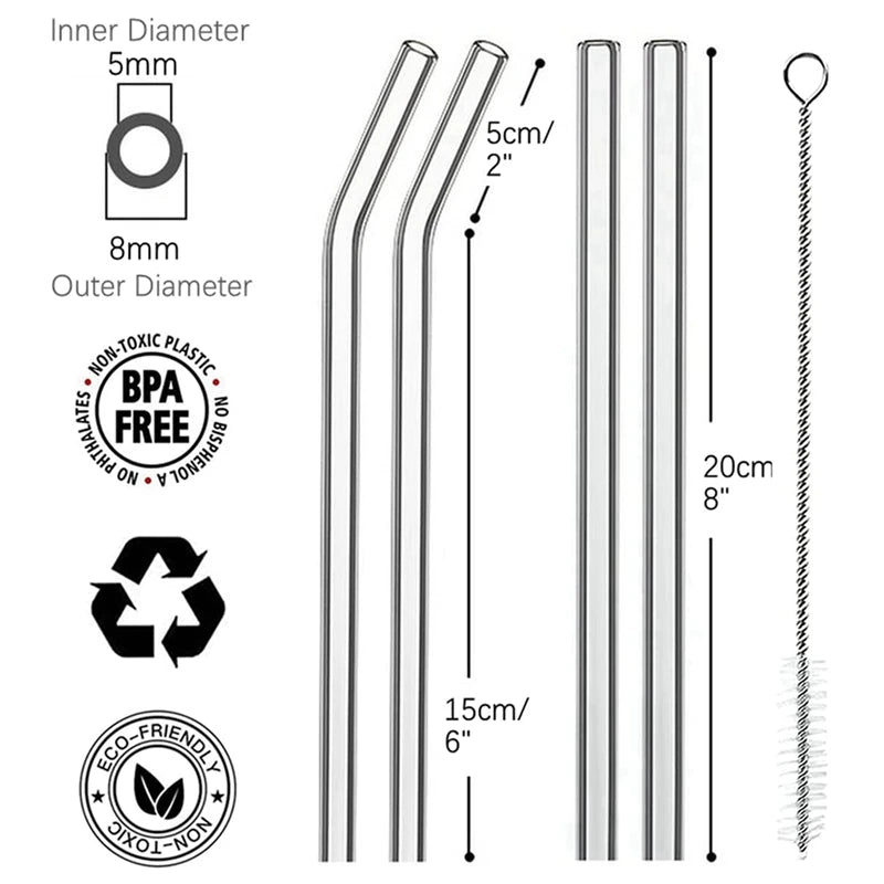 4 Pcs Reusable Glass Straws 8Mm Straight Bent Glass Drinking Straws Eco Friendly Cocktail Straws for Beverages Milk Coffee