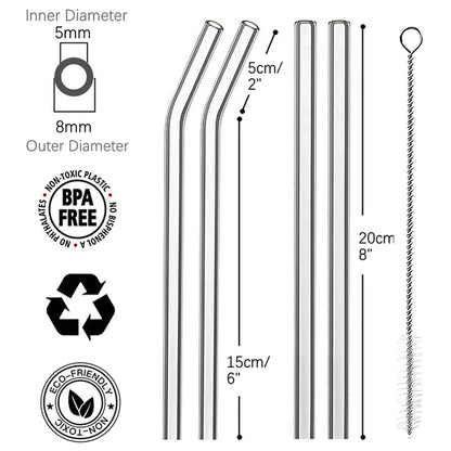 4 Pcs Reusable Glass Straws 8Mm Straight Bent Glass Drinking Straws Eco Friendly Cocktail Straws for Beverages Milk Coffee
