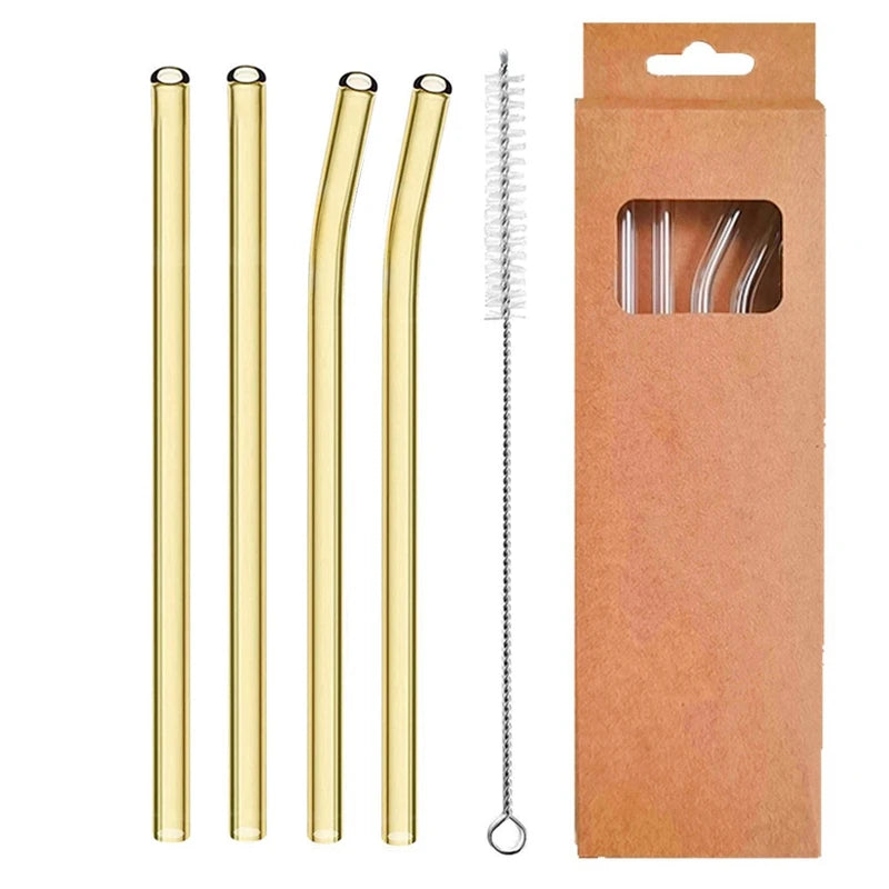4 Pcs Reusable Glass Straws 8Mm Straight Bent Glass Drinking Straws Eco Friendly Cocktail Straws for Beverages Milk Coffee