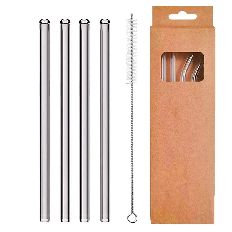 4 Pcs Reusable Glass Straws 8Mm Straight Bent Glass Drinking Straws Eco Friendly Cocktail Straws for Beverages Milk Coffee