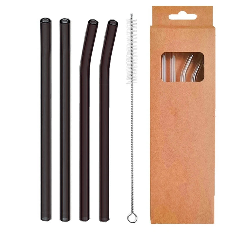 4 Pcs Reusable Glass Straws 8Mm Straight Bent Glass Drinking Straws Eco Friendly Cocktail Straws for Beverages Milk Coffee