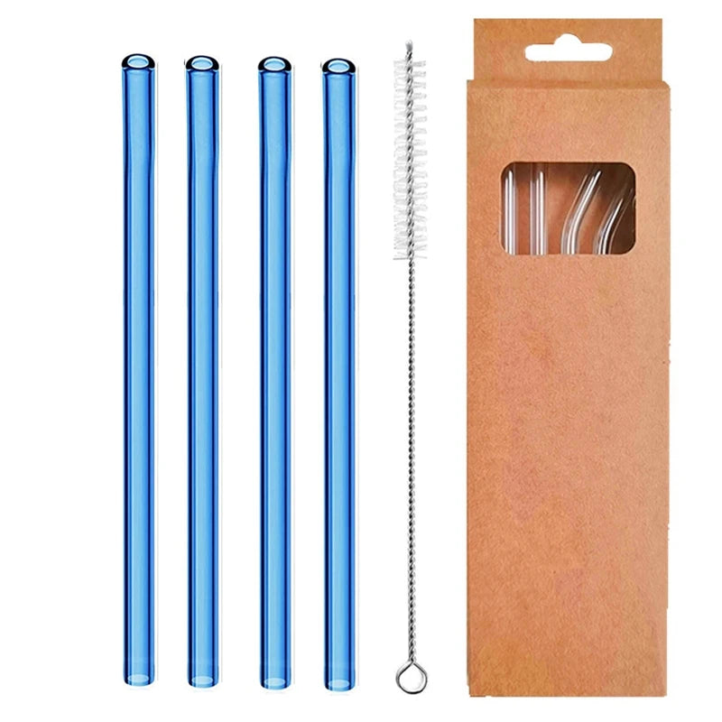 4 Pcs Reusable Glass Straws 8Mm Straight Bent Glass Drinking Straws Eco Friendly Cocktail Straws for Beverages Milk Coffee