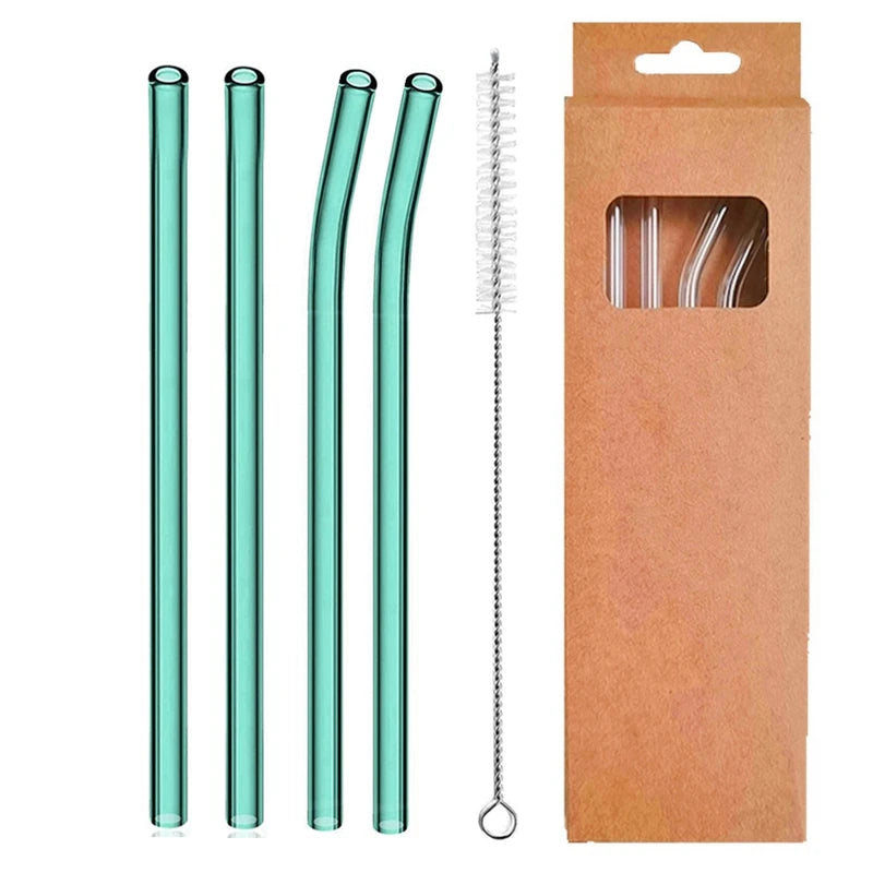 4 Pcs Reusable Glass Straws 8Mm Straight Bent Glass Drinking Straws Eco Friendly Cocktail Straws for Beverages Milk Coffee