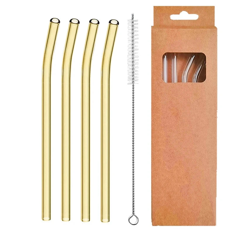 4 Pcs Reusable Glass Straws 8Mm Straight Bent Glass Drinking Straws Eco Friendly Cocktail Straws for Beverages Milk Coffee