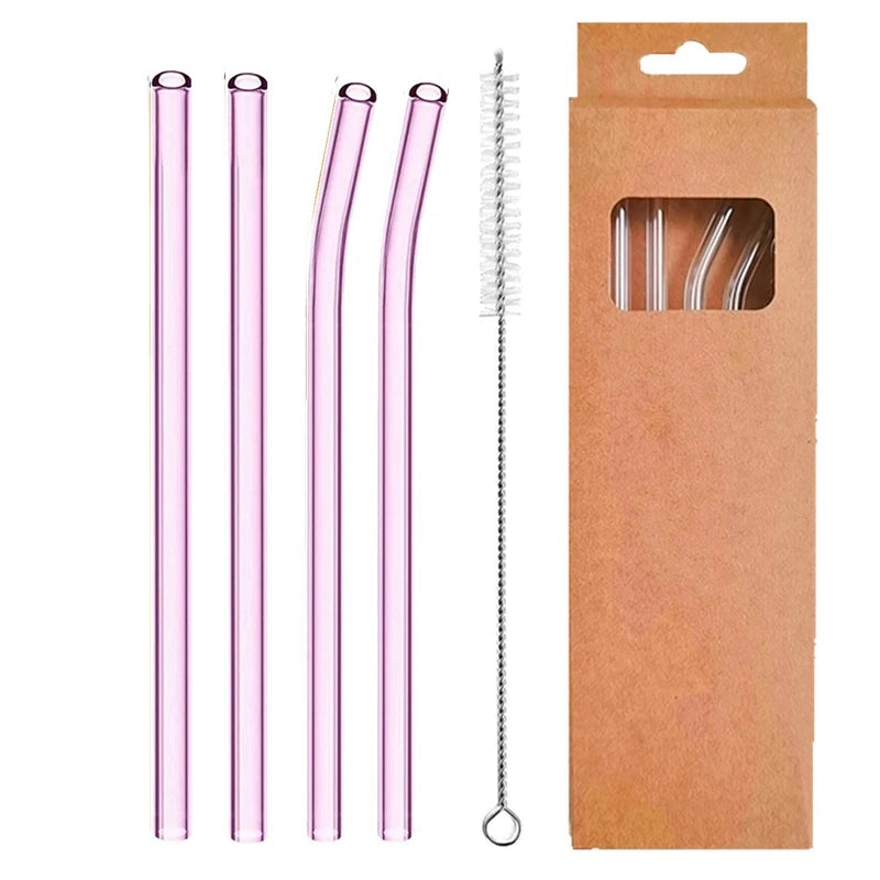 4 Pcs Reusable Glass Straws 8Mm Straight Bent Glass Drinking Straws Eco Friendly Cocktail Straws for Beverages Milk Coffee