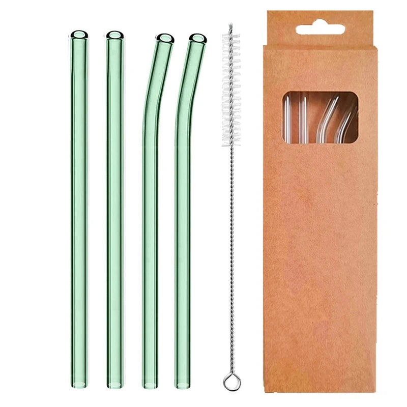 4 Pcs Reusable Glass Straws 8Mm Straight Bent Glass Drinking Straws Eco Friendly Cocktail Straws for Beverages Milk Coffee