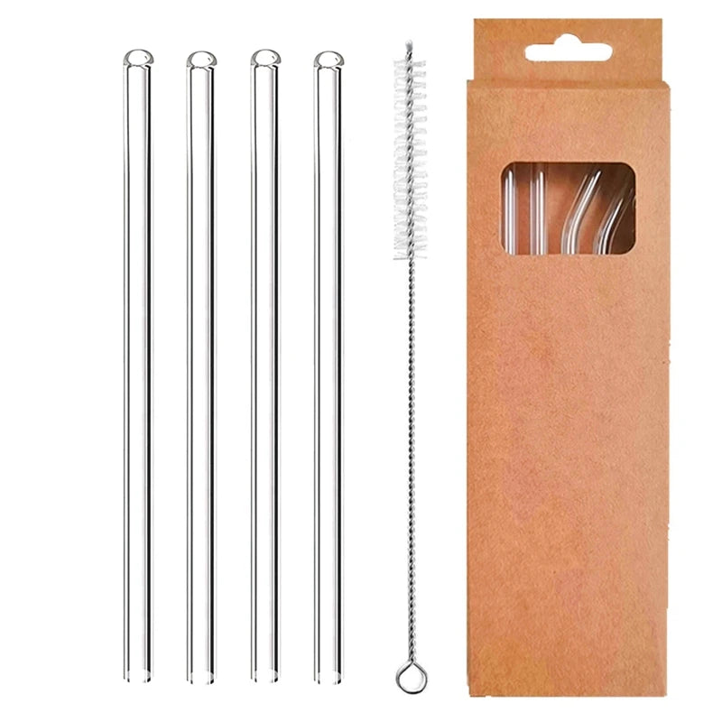 4 Pcs Reusable Glass Straws 8Mm Straight Bent Glass Drinking Straws Eco Friendly Cocktail Straws for Beverages Milk Coffee